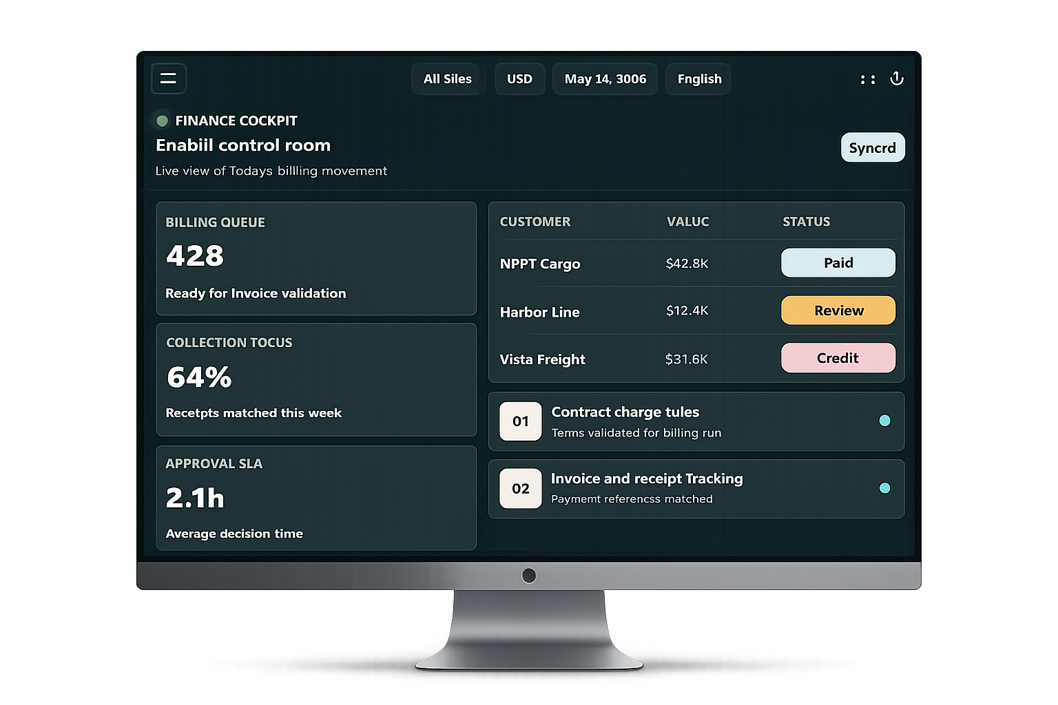 Enabill finance cockpit dashboard on a real monitor